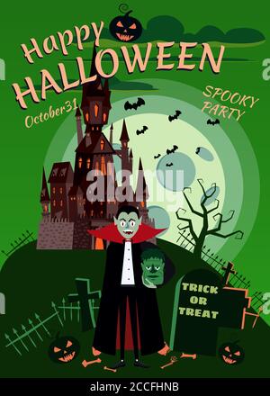 Joyeux Halloween citrouille dans le cimetière, abandonné château noir, Vampire avec tête Zombies, pleine lune nuit sombre, croix et pierres tombales. Vecteur Illustration de Vecteur