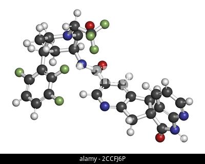 Molécule de médicament togepant pour la migraine (inhibiteur de la CGRP). Rendu 3D. Les atomes sont représentés sous forme de sphères avec un codage couleur conventionnel : hydrogène (blanc), ca Banque D'Images