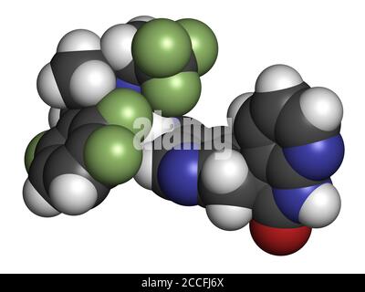 Molécule de médicament togepant pour la migraine (inhibiteur de la CGRP). Rendu 3D. Les atomes sont représentés sous forme de sphères avec un codage couleur conventionnel : hydrogène (blanc), ca Banque D'Images