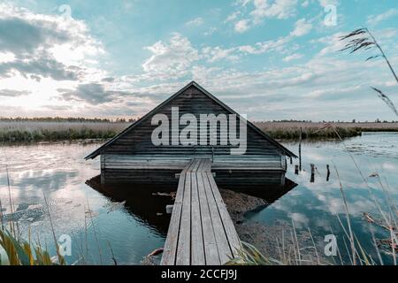Boathouse, Federsee, Federseesteg, Bad Buchau, Bade-Wurtemberg, Allemagne, Europe Banque D'Images