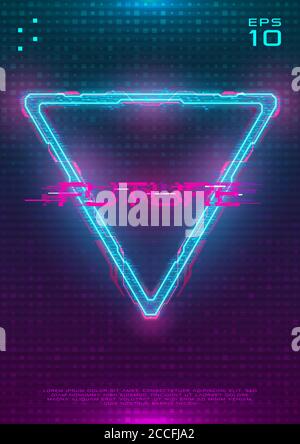 Affiche futuriste avec triangle d'hologramme cyberpunk illuminé. Modèle moderne avec triangle de néon bleu hud et carte de circuit imprimé rose. Phosphorescent Illustration de Vecteur