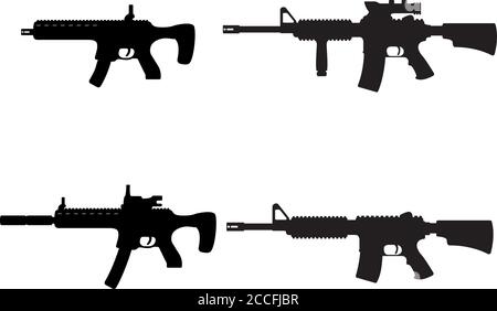 Jeu de sous-machine militaire arme et fusil, icône auto-défense arme automatique concept noir simple illustration vectorielle, isolé sur blanc. Prise de vue Illustration de Vecteur