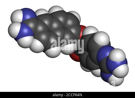 Molécule de Nafamostat (inhibiteur de sérine protéase). Rendu 3D. Les atomes sont représentés sous forme de sphères avec un codage couleur conventionnel : hydrogène (blanc), Banque D'Images