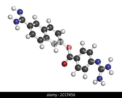 Molécule de Nafamostat (inhibiteur de sérine protéase). Rendu 3D. Les atomes sont représentés sous forme de sphères avec un codage couleur conventionnel : hydrogène (blanc), Banque D'Images