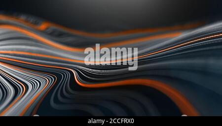 Modèle des conduites de liquide. Motif en forme de vague lignes numériques de musique colorées. Arrière-plan noir avec flux orange et blanc. Banque D'Images