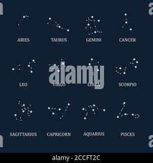Signes de constellation du zodiaque. Horoscope astrologique et signes étoiles. Cartes d'étoiles, constellations de ciel ou icônes mystiques du zodiaque. Illustration vectorielle. Illustration de Vecteur