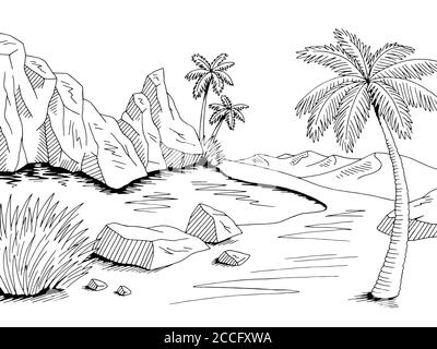 Oasis Desert graphique noir blanc paysage illustration vecteur Illustration de Vecteur