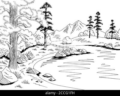 Mountain Lake graphique noir blanc paysage dessin illustration vecteur Illustration de Vecteur