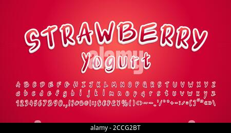 Nourriture mignonne Alphabet rouge baies couleur, style autocollant 3d. Police de dessin animé manuscrite, lettres majuscules et minuscules, chiffres, symboles. Vecteur illu Illustration de Vecteur