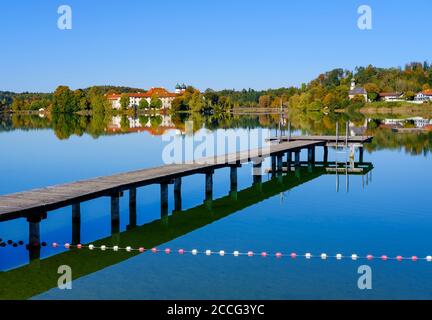 Jetée de baignade, Kloster Seeon, Klostersee, Seeon-Seebruck, Chiemgau, haute-Bavière, Bavière, Allemagne Banque D'Images