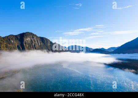 Banc de brouillard au-dessus de Sylvensteinsee, à Lenggries, Isarwinkel, vue aérienne, haute-Bavière, Bavière, Allemagne Banque D'Images