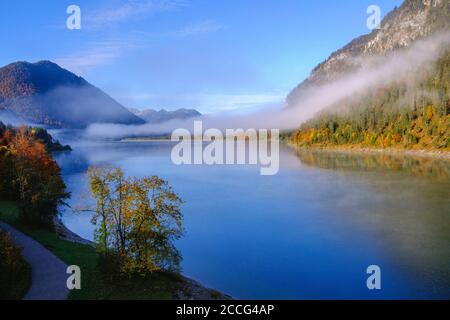 Brouillard sur Sylvensteinsee, à Lenggries, Isarwinkel, haute-Bavière, Bavière, Allemagne Banque D'Images