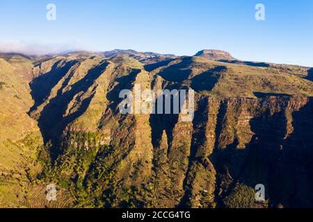 Vallée supérieure de Valle Gran Rey, montagne de la Table Fortaleza, vue aérienne, la Gomera, îles Canaries, Espagne Banque D'Images