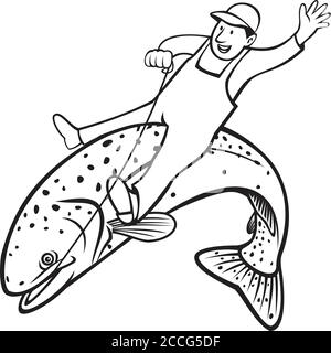 Illustration rétro de style pochoir d'un pêcheur de truite à tête d'arc-en-ciel, truite arc-en-ciel, Oncorhynchus mykiss, truite à bande rouge de la rivière Columbia, pluie côtière Illustration de Vecteur