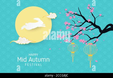 Fête de la mi-automne avec lapin, lune et fleur de cerisier dans le style de coupe de papier. Illustration de Vecteur