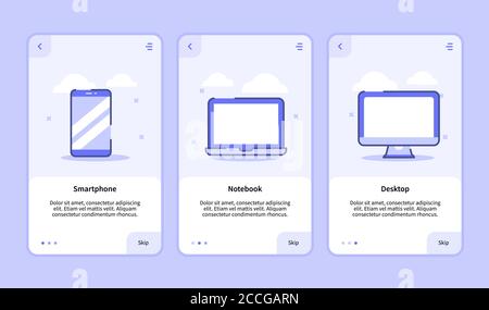 Smartphone ordinateur portable de bureau pour applications mobiles modèle bannière interface utilisateur avec trois variantes moderne de contour plat. Illustration de Vecteur