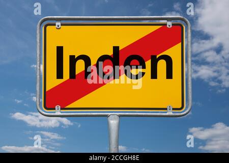 Ortstafel Inden, Nordrhein-Westfalen, Deutschland | Nom du lieu Inden, Rhénanie-du-Nord-Westphalie, Allemagne, Europe Banque D'Images