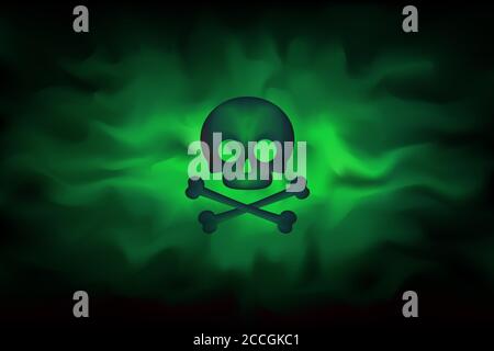 Signe toxique sur fond de brouillard vert infecté. Panneau de danger d'empoisonnement. Une brume dangereuse empoisonnée. La propagation de la fumée attaque les armes biologiques. Sécurité dan Illustration de Vecteur