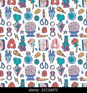 Sorcellerie adorable motif vectoriel Doodle dessiné à la main sans couture motif, arrière-plan, texture. Isolé sur fond blanc. Différents outils magiques, équipement. Alchem Illustration de Vecteur