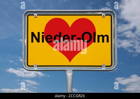 Ortstafel Nieder-OLM, Rheinland-Pfalz, Deutschland | Nom du lieu Nieder-OLM, Rhénanie-Palatinat, Allemagne, Europe Banque D'Images