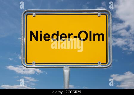 Ortstafel Nieder-OLM, Rheinland-Pfalz, Deutschland | Nom du lieu Nieder-OLM, Rhénanie-Palatinat, Allemagne, Europe Banque D'Images