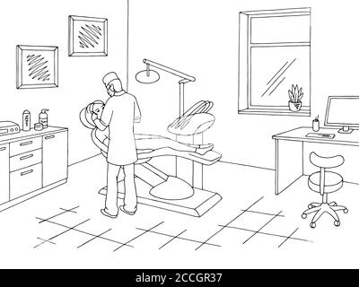 Cabinet de dentiste graphique clinique noir blanc esquisse illustration vecteur. Médecin travaillant Illustration de Vecteur