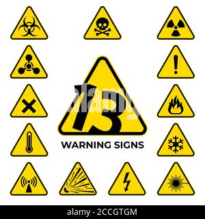 Jeu de panneaux de détresse. 13 signes de sécurité et de mise en garde triangle jaune noir. Symbole de vecteur de danger pour la sécurité des informations, icône. La douzaine de Baker Illustration de Vecteur
