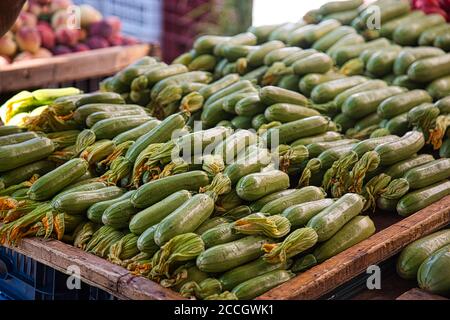 Zucchini biologique sur le marché des agriculteurs en Grèce. Banque D'Images