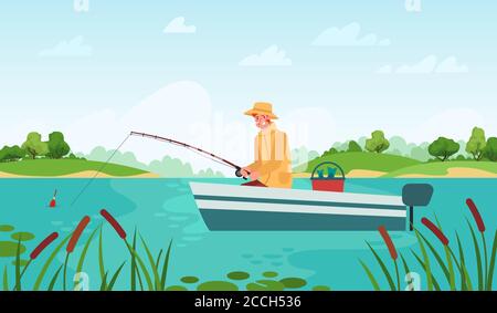 Pêche de pêcheur. Homme en bateau avec canne à pêche en attente grignoter poisson, détente passe-temps plein air paysage dessin animé vecteur concept Illustration de Vecteur