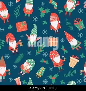 Gnomes motif sans couture. Nains et cadeaux de noël drôles, imprimé de fête d'hiver pour enfants textile, papier d'emballage, papier peint à texture vectorielle Illustration de Vecteur