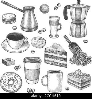 Café et desserts. Cafetière et cafetière à croquis. Tasses, gâteaux et biscuits, muffins, beignets. Pâtisseries, petit déjeuner sucré vintage Vector Set Illustration de Vecteur