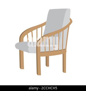 Fauteuil moderne gris de style scandinave avec pattes en bois, isolé sur fond blanc. Illustration vectorielle plate. Mobilier, objet intérieur, élégant Illustration de Vecteur