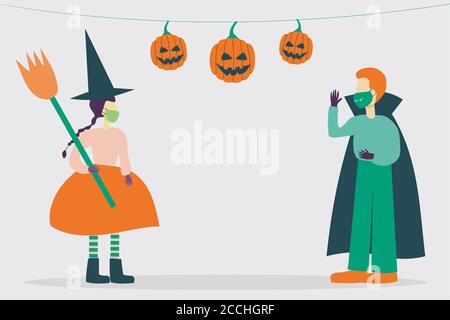 Illustration de personnages enfants cool portant des costumes d'halloween et de protection masques Banque D'Images