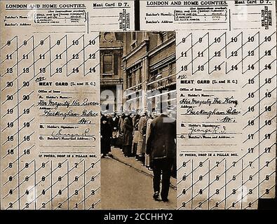 WWI carte de ration de viande de guerre émise au roi et à la reine de Grande-Bretagne à Buckingham Palace (Inset une photo des acheteurs faisant la queue pour la viande). En 1918, de nouvelles lois ont introduit le rationnement de certains aliments comme la viande, le sucre, la farine, le beurre, la margarine et le lait . Chaque personne a reçu des cartes de ration, y compris le roi George et la reine Mary. La carte devait être signée par la personne à qui elle a été délivrée. Les cartes ne pouvaient être utilisées que dans certains bouchers de boucherie spécifiés par le porte-livre de ration (marqué en haut de la carte). Banque D'Images