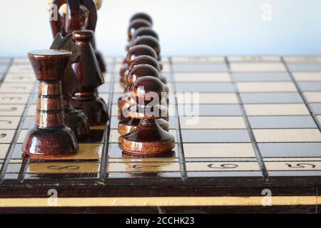 Pièces d'échecs blanches disposées sur le plateau d'échecs avant le début de jouabilité comme armée avant la guerre Banque D'Images