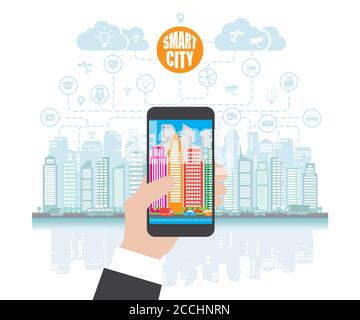 Le smartphone à portée de main permet de se concentrer dans une ville intelligente grâce à des services intelligents avancés, à la réalité augmentée et au réseau social. Le concept de ville intelligente Illustration de Vecteur