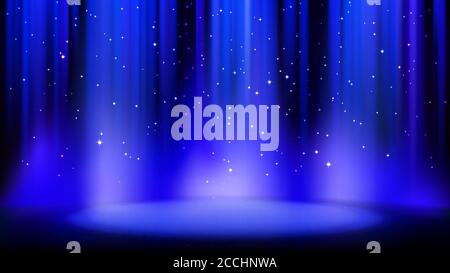 Scène bleue vide avec arrière-plan sombre, éclairée par un spot doux, particules brillantes étincelantes. Arrière-plan bleu avec une lueur douce. Illustration vectorielle Illustration de Vecteur