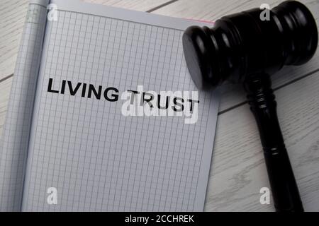 Living Trust écrit sur un livre et un gavel isolé sur le bureau. Banque D'Images