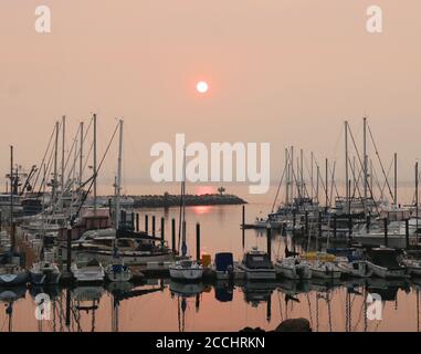 Lever du soleil sur le port, Monterey Bay, CA. Les feux de forêt ont fait tourner le ciel et l'eau rose et ont créé de belles réflexions dans l'eau. Banque D'Images