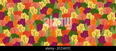 Motif vectoriel sans couture avec arbres et buissons d'automne colorés. Dessins animés plats. Arrière-plan horizontal coloré avec arbres. Parfait pour Illustration de Vecteur