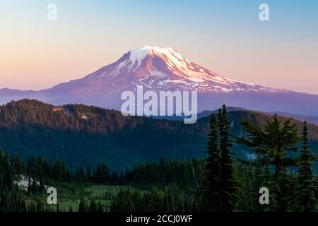 Mont Adams vu au coucher du soleil depuis le sentier de Snowgrass dans la nature sauvage de Goat Rocks, forêt nationale de Gifford Pinchot, État de Washington, États-Unis Banque D'Images