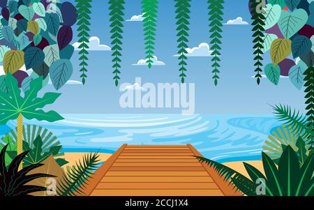 paysage de pont en bois sur la plage en journée Illustration de Vecteur