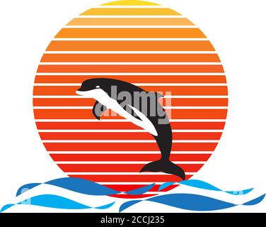 Vecteur de dauphin sur la mer et coucher de soleil en arrière-plan. Dolphin saut hors de l'eau de la compagnie logo illustration design Illustration de Vecteur