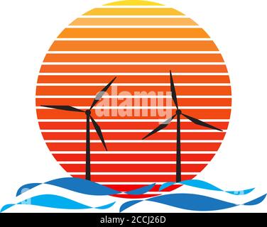 Vecteur de parc éolien offshore sur mer et coucher de soleil en arrière-plan. Green Energy entreprise industrielle silhouette logo illustration design Illustration de Vecteur