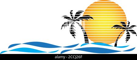 Vecteur de silhouettes de palmier sur un coucher de soleil dégradé et une vague de mer. Logo années 80 de style rétro ou illustration d'icône Illustration de Vecteur