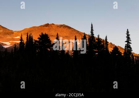 Lumière éclatante sur les Goat Rocks, près de la Pacific Crest Trail dans la nature sauvage de Goat Rocks, forêt nationale de Gifford Pinchot, État de Washington, États-Unis Banque D'Images