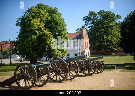 11 août 2020, Saxe-Anhalt, Schönhausen (Elbe) : des canons se trouvent en face du musée Bismarck, en bordure du parc de Schönhausen. Le musée est situé dans une aile latérale d'un château dont la maison principale a été soufflée en 1958. L'ancien château est le berceau du premier chancelier Otto von Bismarck qui y est né le 1er avril 1815. Le village de Schönhausen devint la propriété de la famille Bismarck en 1562. Photo: Klaus-Dietmar Gabbert/dpa-Zentralbild/ZB Banque D'Images