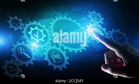 Concept de conformité avec les icônes et le texte. Règlements, loi, normes, exigences, diagramme d'audit sur écran virtuel Banque D'Images