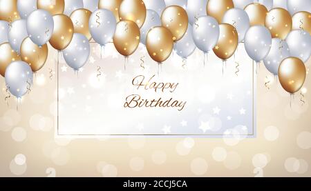 Arrière-plan de fête avec ballons dorés et blancs. Ballons en or et perles sur fond doré clair. Carte d'anniversaire avec cadre pour texte Illustration de Vecteur