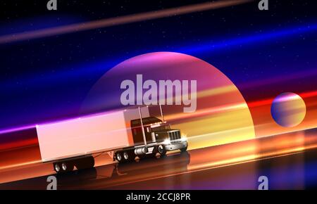 Le camion roule sur l'autoroute dans l'espace. Semi-camion classique avec camion sec sur la route de nuit sur un fond cosmique coloré du ciel étoilé. Inte Illustration de Vecteur